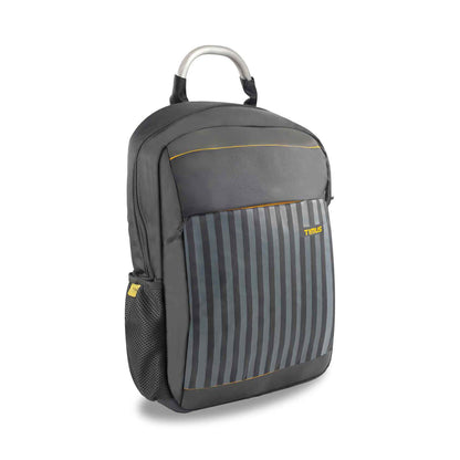 Timus Spain casual backpack in black with vertical gray stripes and orange accents, shown from the right front side with mesh side pocket and metallic top handle.