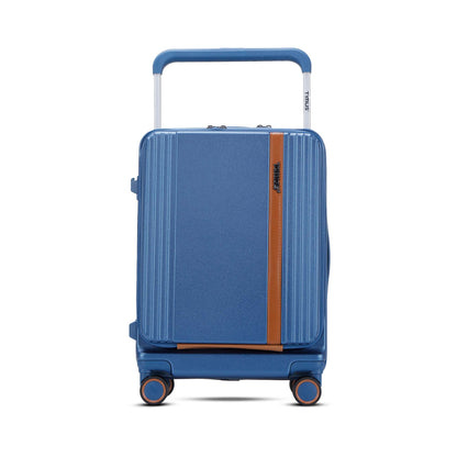Front view of Timus Starlite blue cabin luggage with wide trolley handle, vertical ridged design, tan accent strip, 360-degree spinner wheels, and visible side hook.