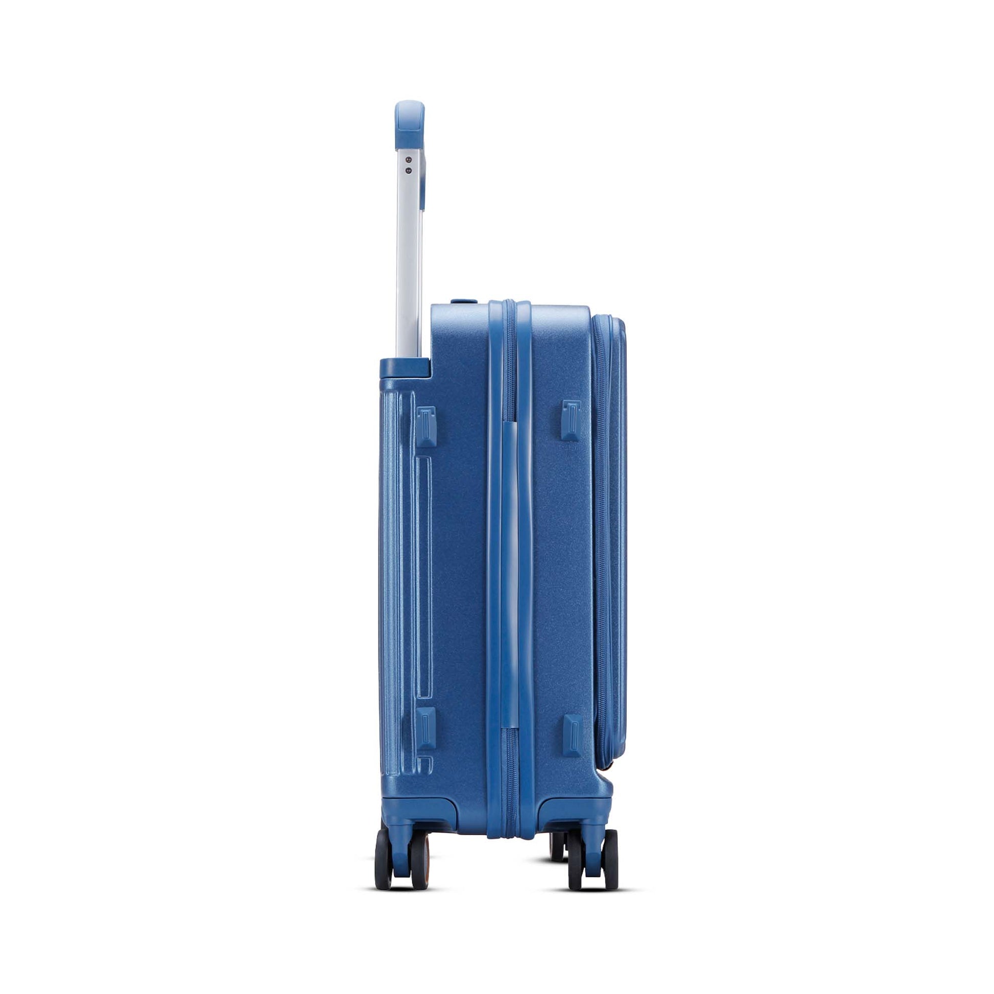 Right side view of Timus Starlite blue cabin luggage featuring wide trolley handle, side protective lugs, side hooks, hard-shell exterior, vertical textured design, and smooth spinner wheels
