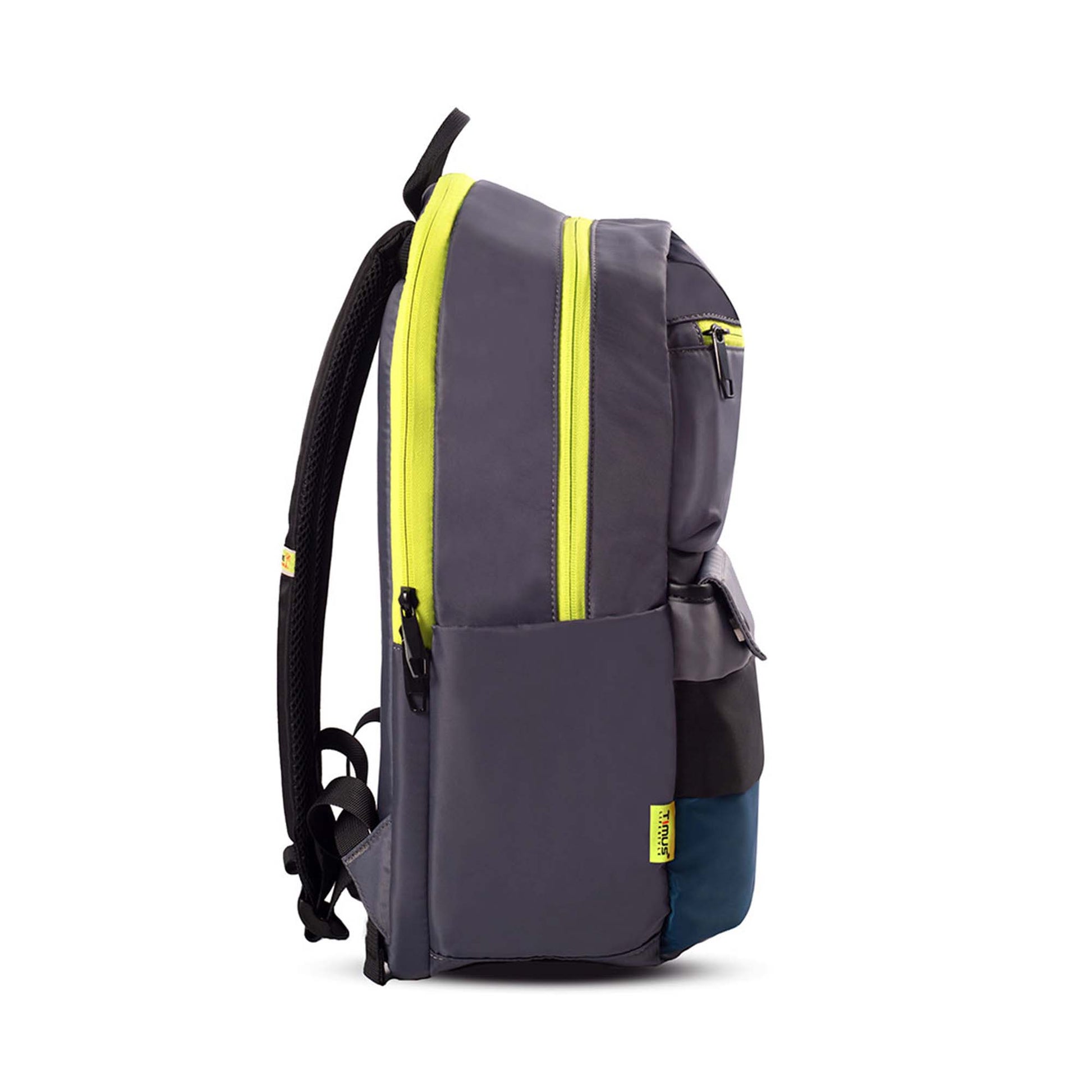 Right side view of the Sydney backpack in black with neon yellow zippers, part of the urban collection.