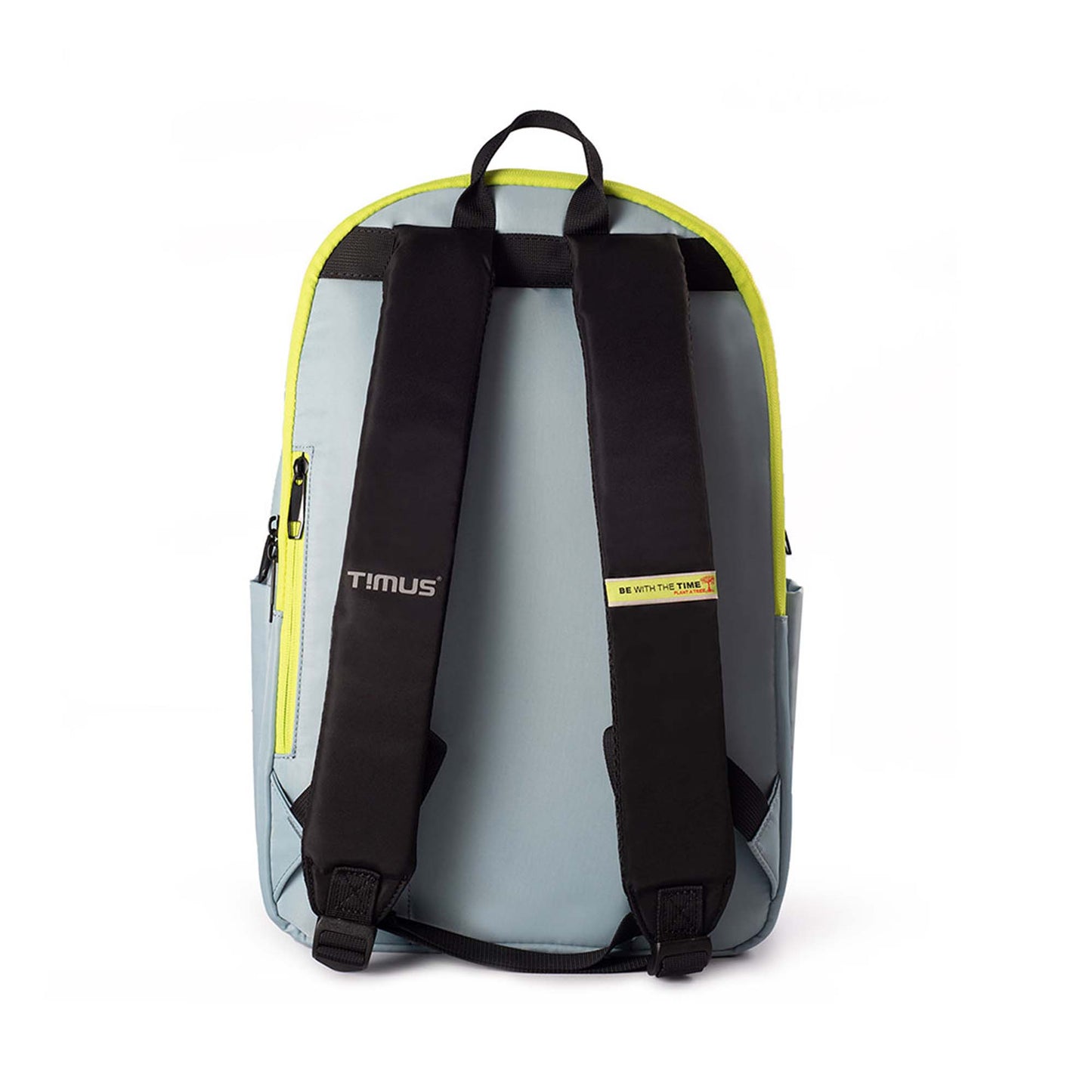 Back view of the Sydney backpack in mint green featuring padded black shoulder straps with Timus logo and 'Be With The Time' tagline.