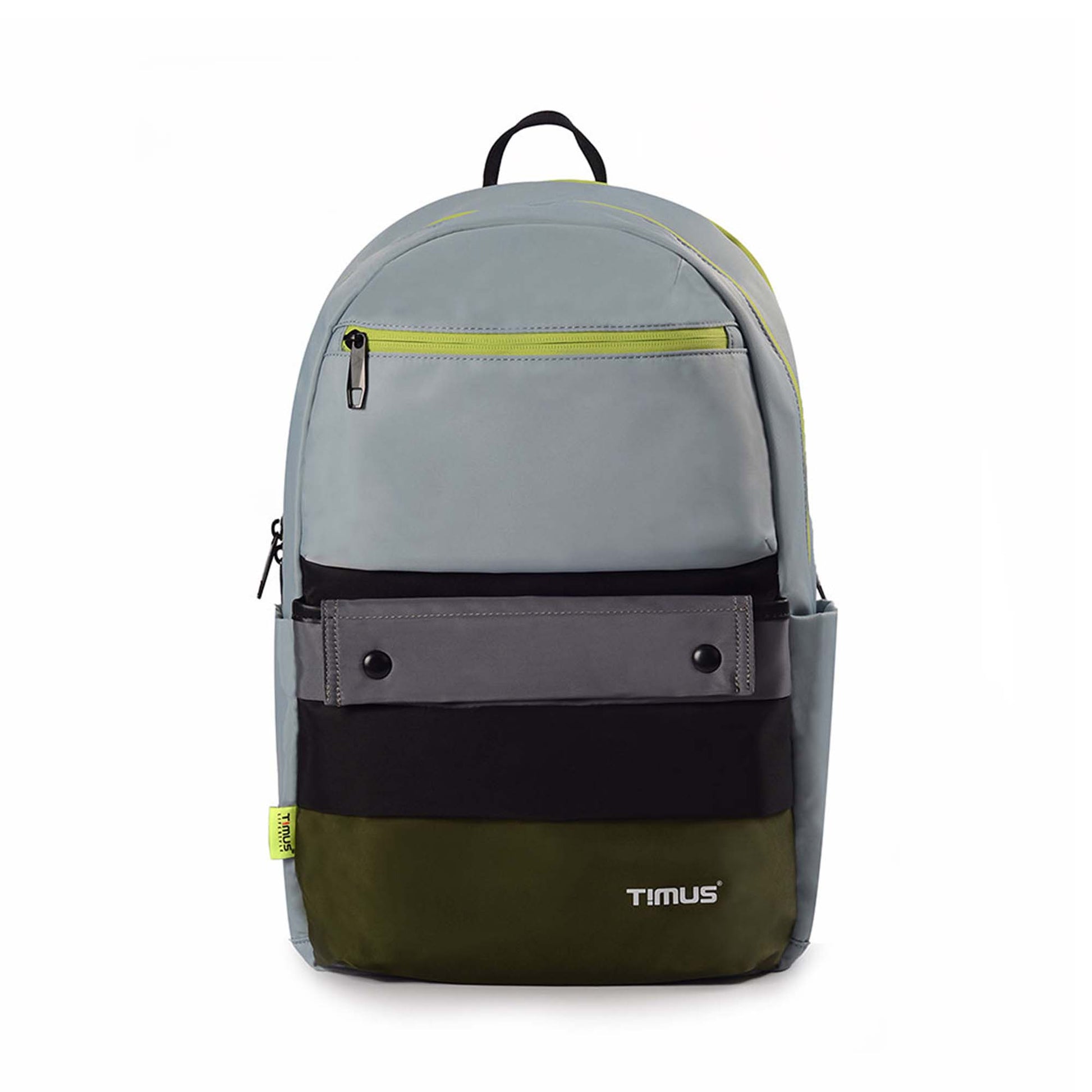 Front view of the Sydney backpack in mint green featuring multiple front pockets, color-blocked design in black and olive green, neon yellow zipper accents, and visible Timus brand logo at the bottom.