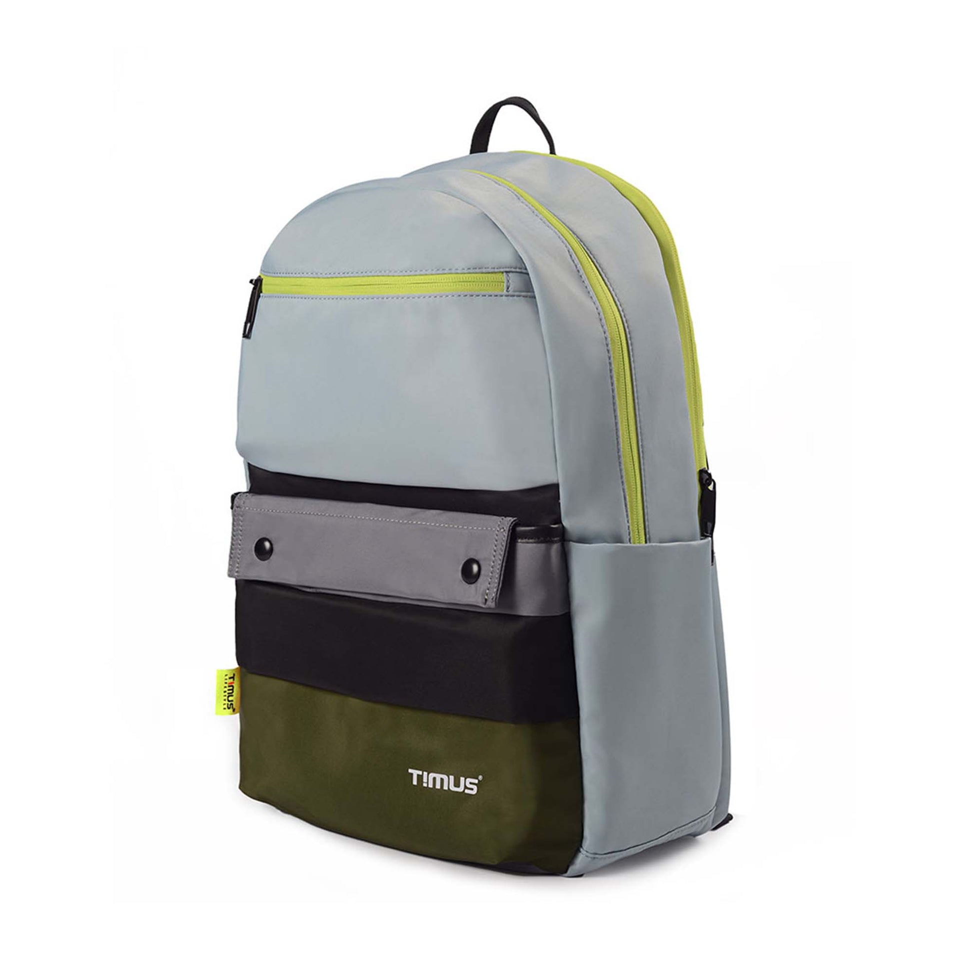 Left front angled view of the Sydney backpack in mint green with multiple front compartments and neon yellow zippers.