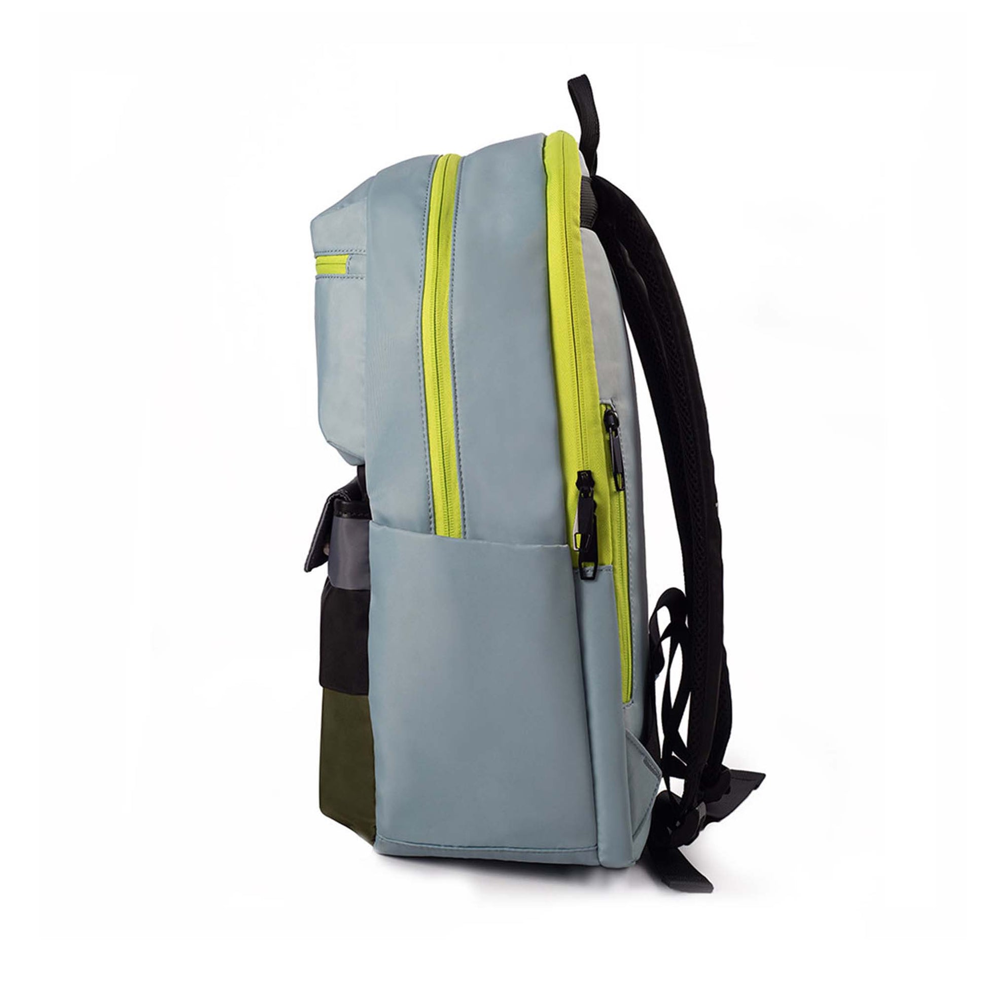 Left side view of the Sydney backpack in mint green with neon yellow zippers and side pocket, shoulder straps, part of the Timus urban backpack collection.