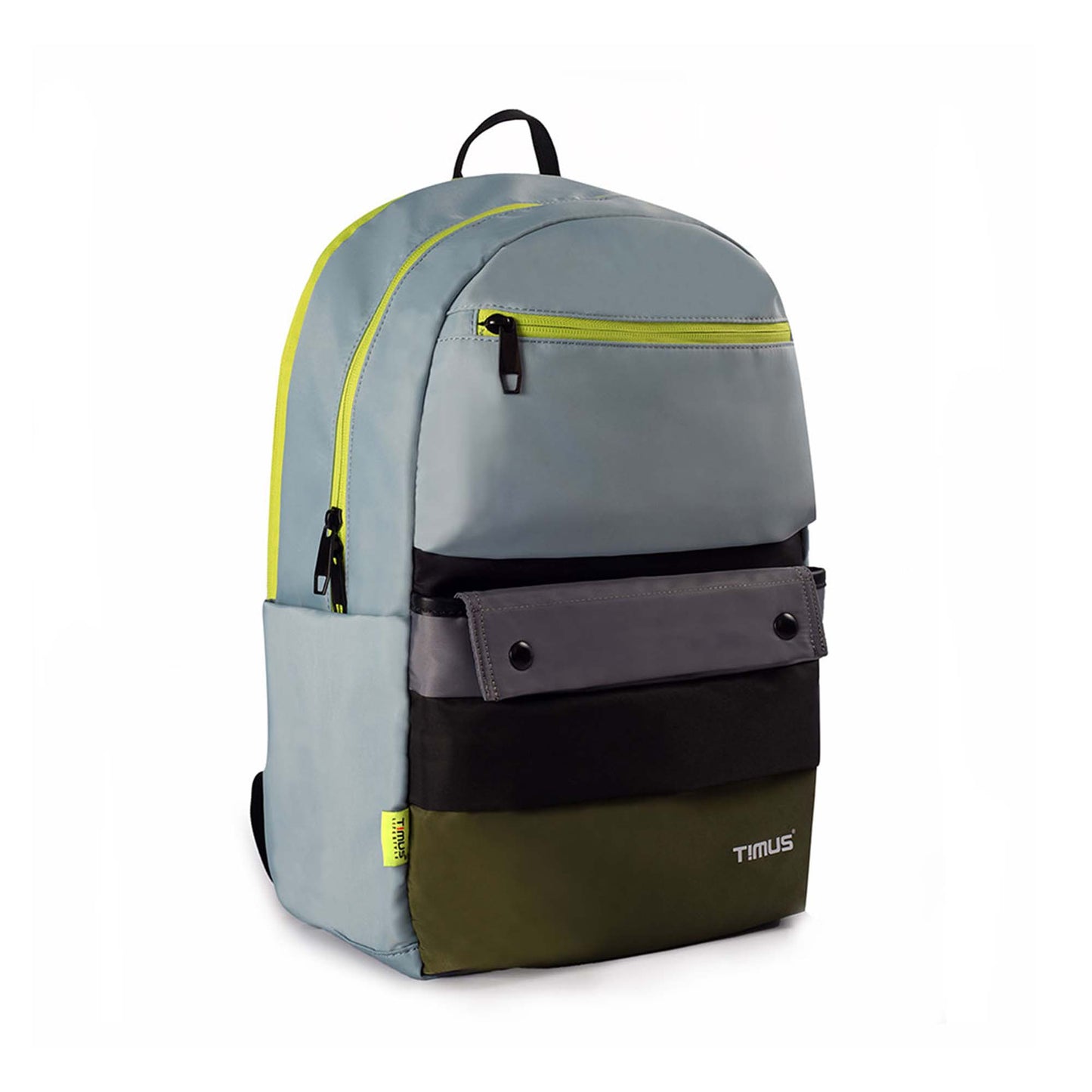 Right front angled view of the Sydney backpack in mint green with black, olive, and grey front pockets, neon yellow zipper detailing, and visible Timus brand tag at the bottom.