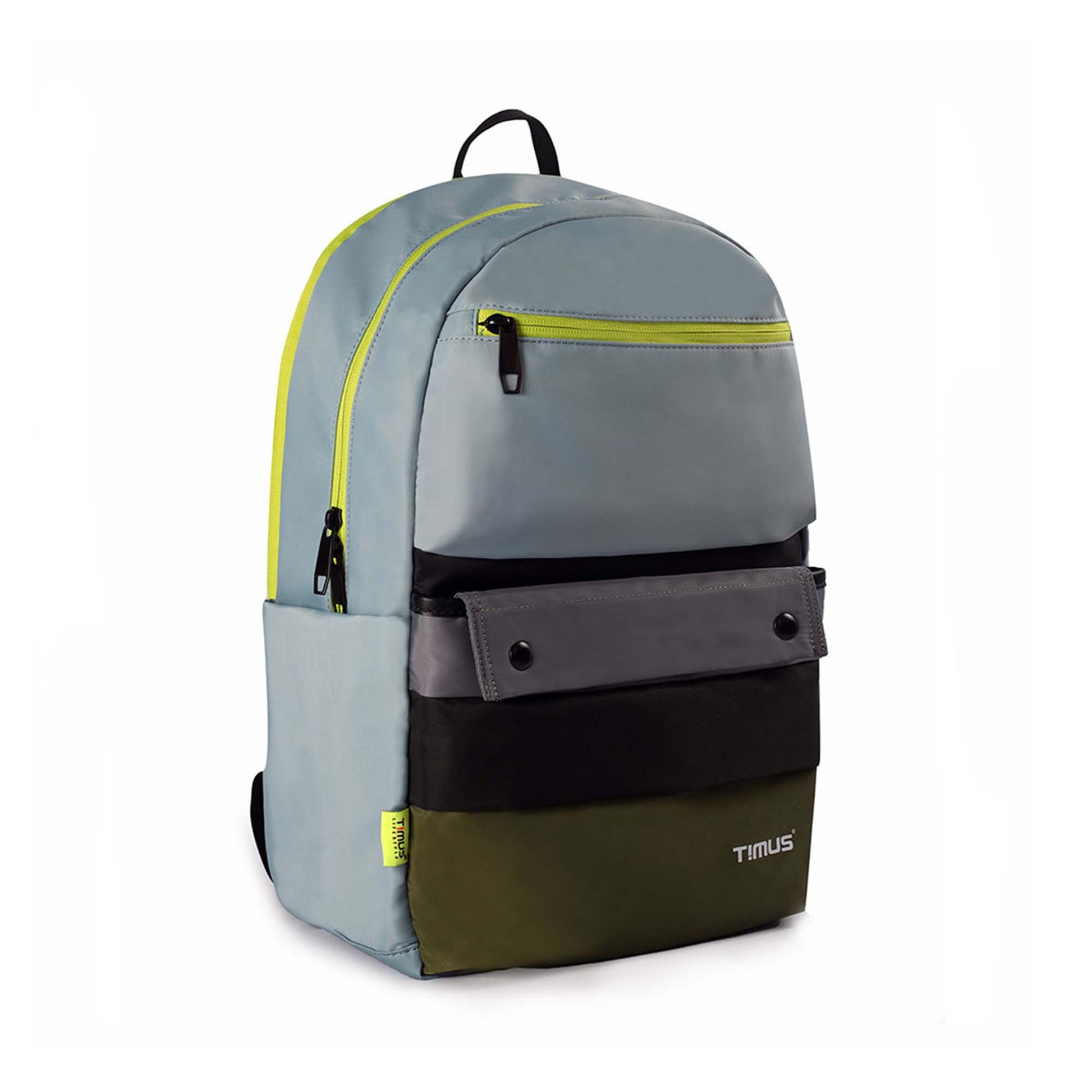 Right front angled view of the Sydney backpack in mint green with black, olive, and grey front pockets, neon yellow zipper detailing, and visible Timus brand tag at the bottom.
