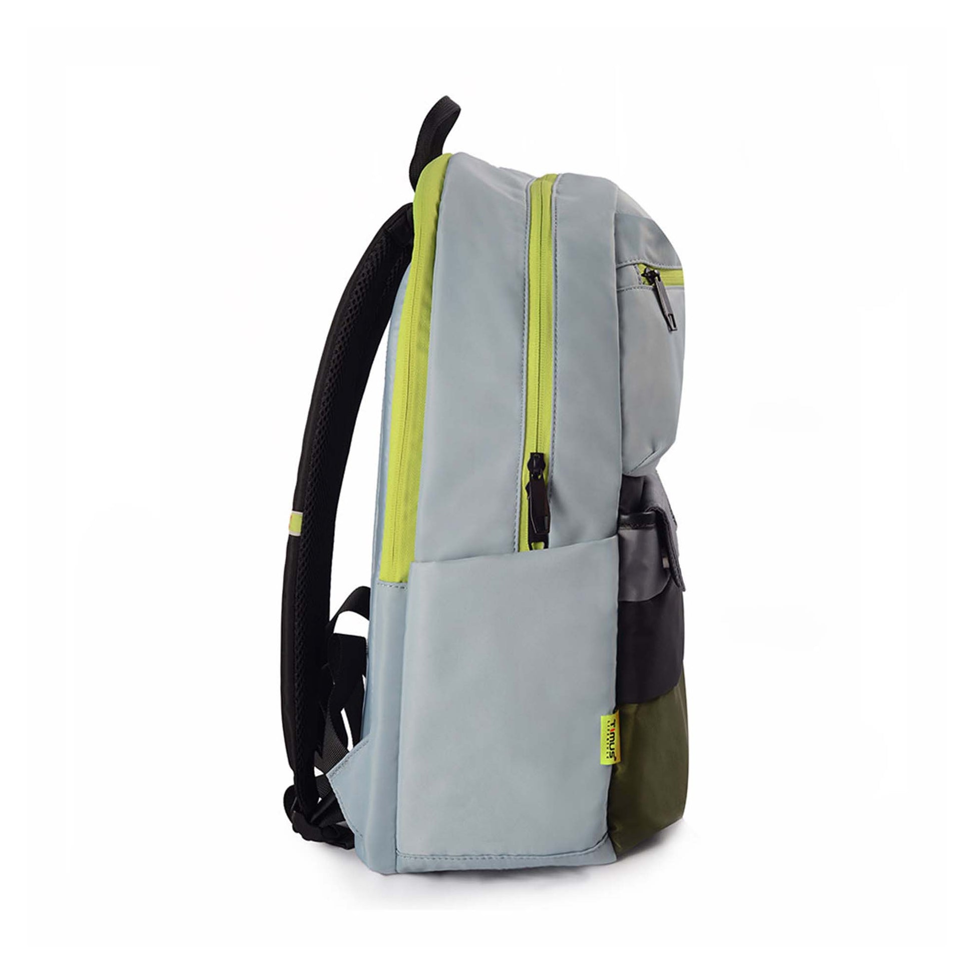 Right side view of the Sydney backpack in mint green with neon yellow zippers, front compartments in black and olive, and visible Timus tag.