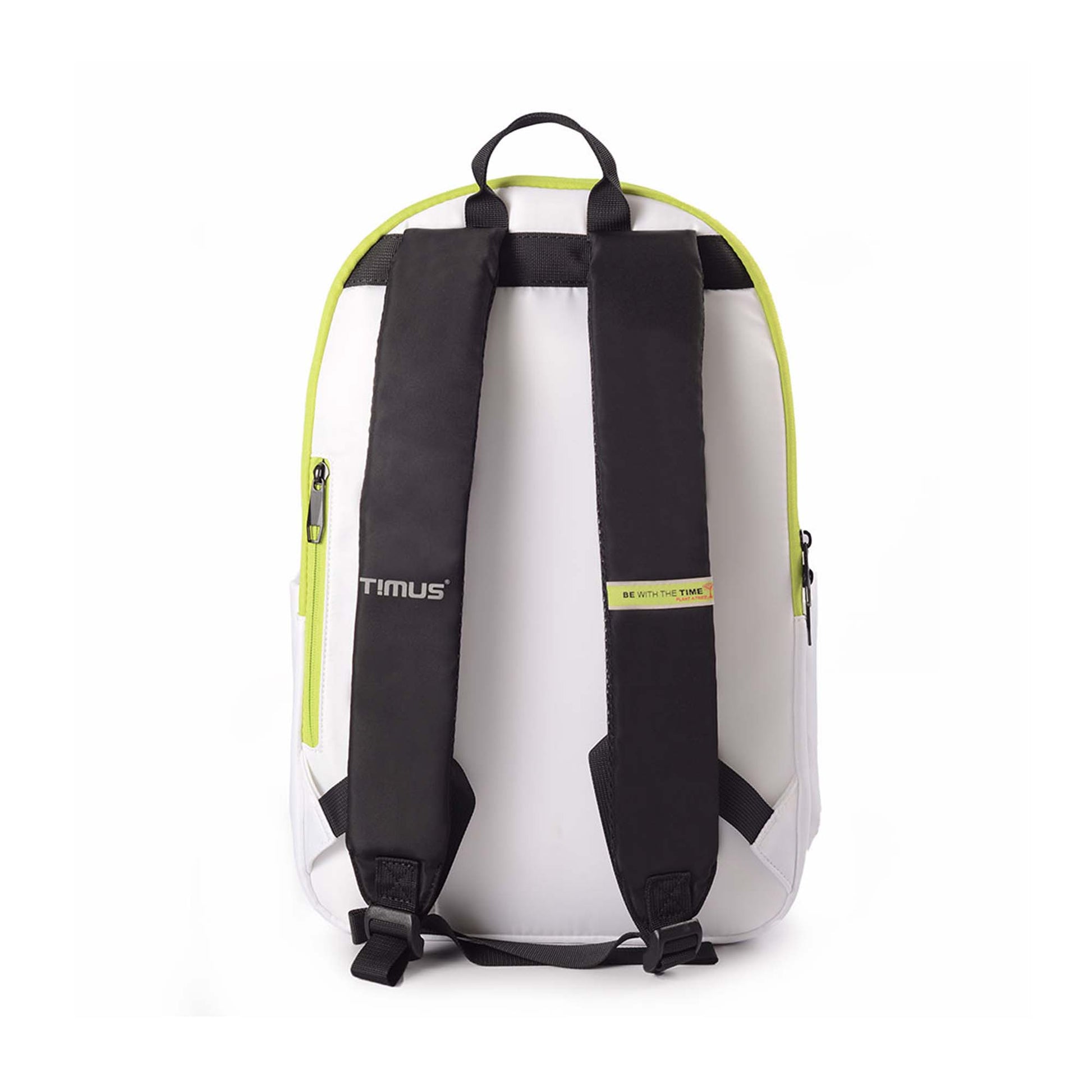 Back view of the Sydney backpack in white showing black padded shoulder straps with Timus logo and 'BE WITH THE TIME'  tagline and a top handle.