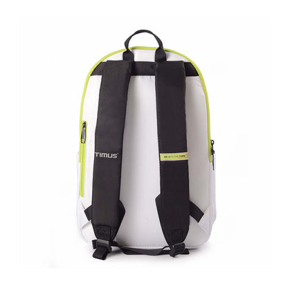 Back view of the Sydney backpack in white showing black padded shoulder straps with Timus logo and 'BE WITH THE TIME'  tagline and a top handle.