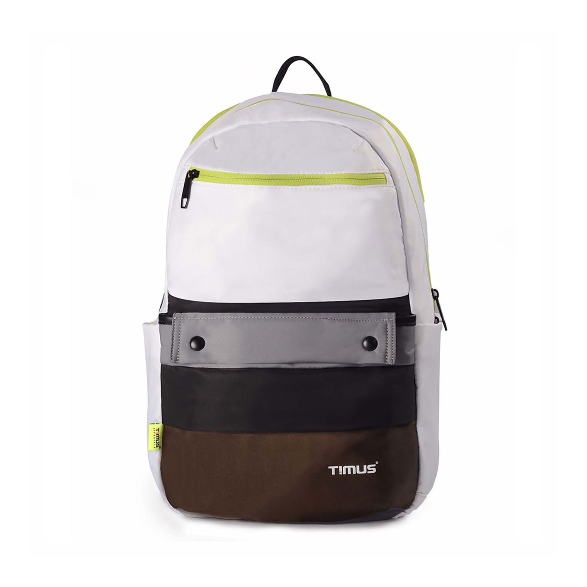 Front view of the Sydney backpack in white with black, grey, and brown front pockets, neon yellow zipper accents, and Timus brand logo visible.