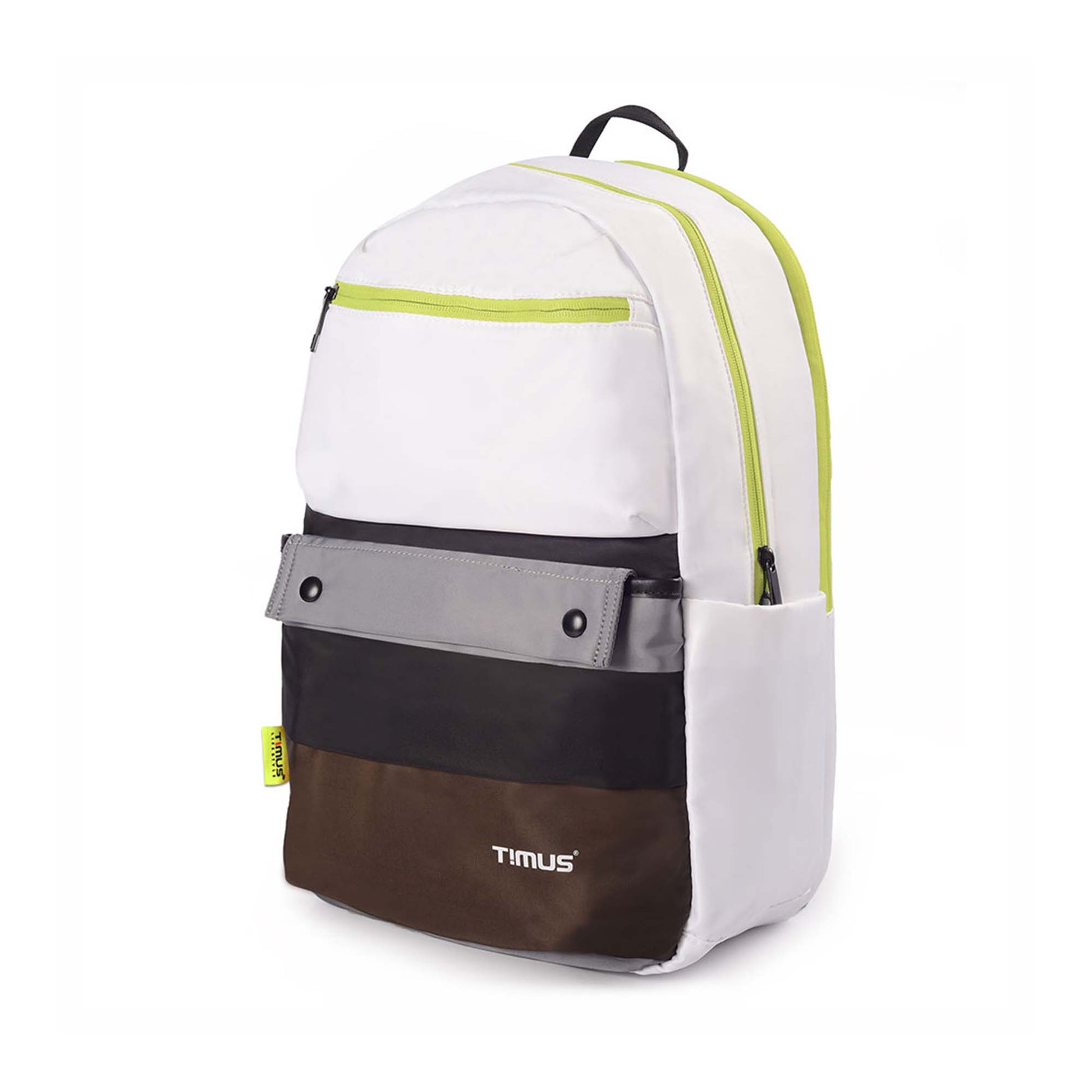 Left front angled view of the Sydney backpack in white featuring black, grey, and brown front pockets with neon yellow zipper accents and visible Timus brand logo.
