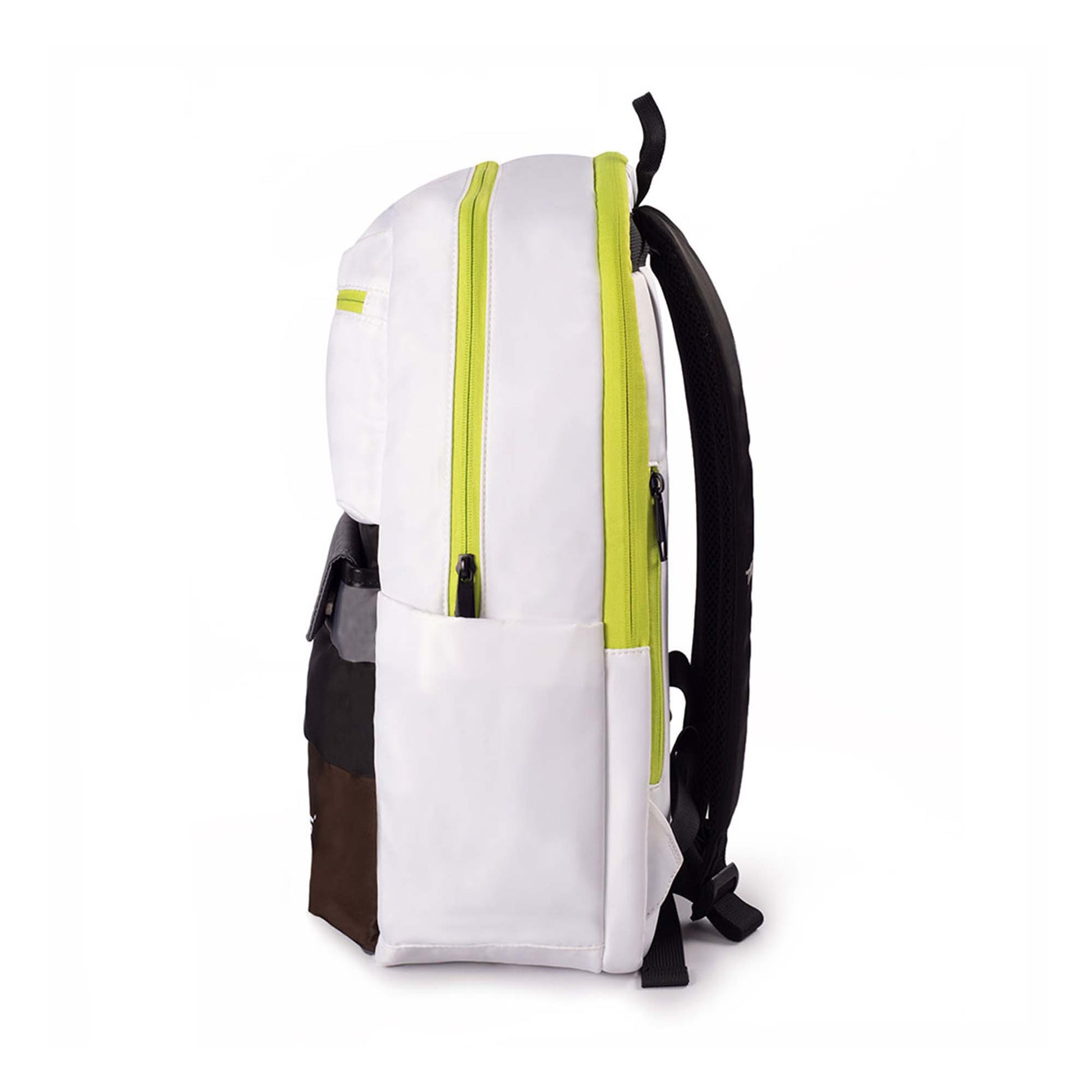 Left side view of the Sydney backpack in white with black padded straps, lime green zippers, and side pocket.