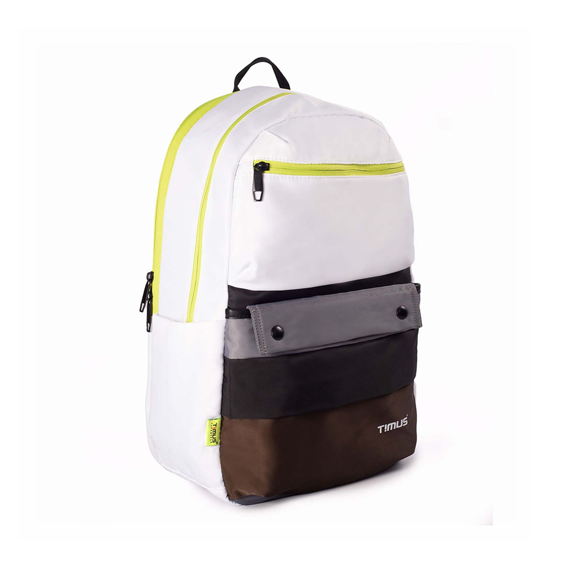 Right front angled view of the Sydney backpack in white featuring black, grey, and brown front pockets with neon yellow zipper accents and visible Timus tag at bottom.