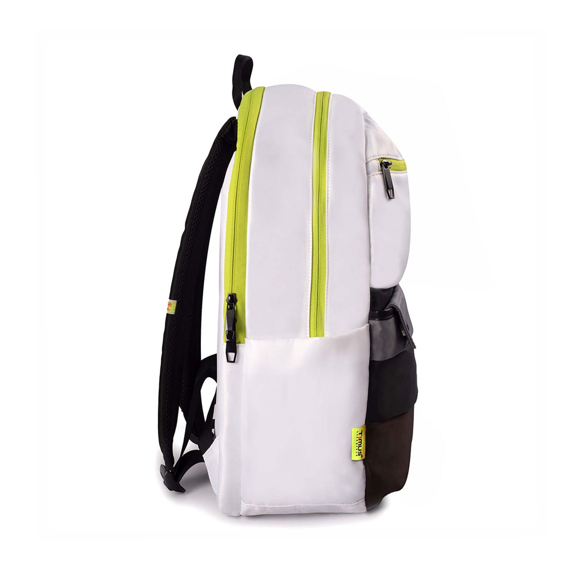 Right side view of the Sydney backpack in white with black padded straps, lime green zippers, and side pocket.