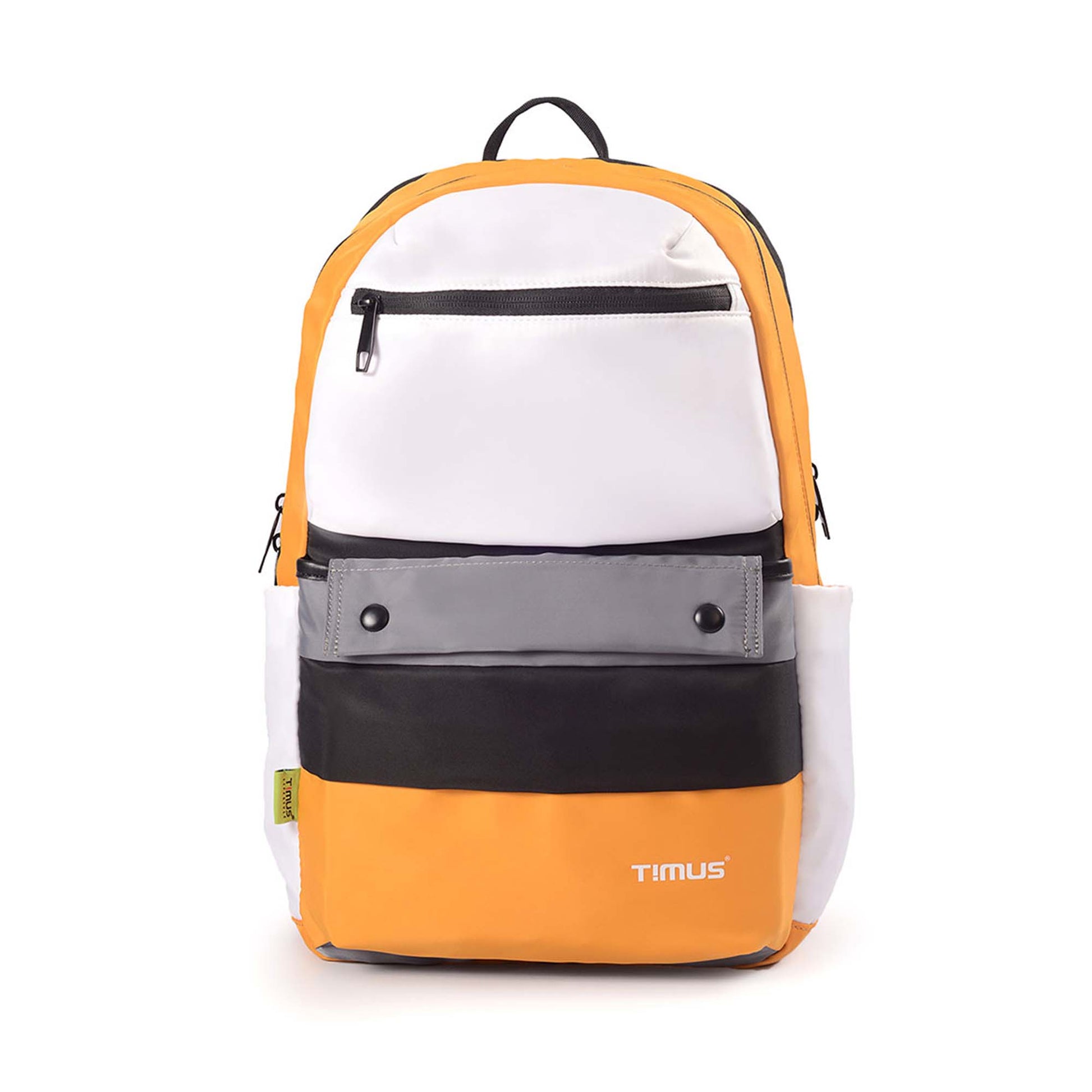 Front view of the Sydney backpack in yellow with white front pocket, gray flap, black zippers, side pockets, and TIMUS brand logo on the lower right corner.