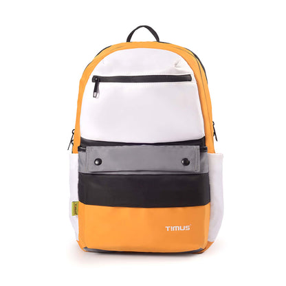 Front view of the Sydney backpack in yellow with white front pocket, gray flap, black zippers, side pockets, and TIMUS brand logo on the lower right corner.
