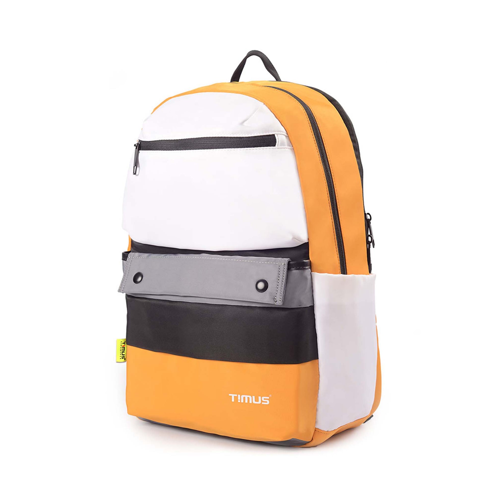 Left front angled view of the Sydney backpack in yellow with white front pocket, gray flap, black zippers, side pocket and timus brand logo at bottom.