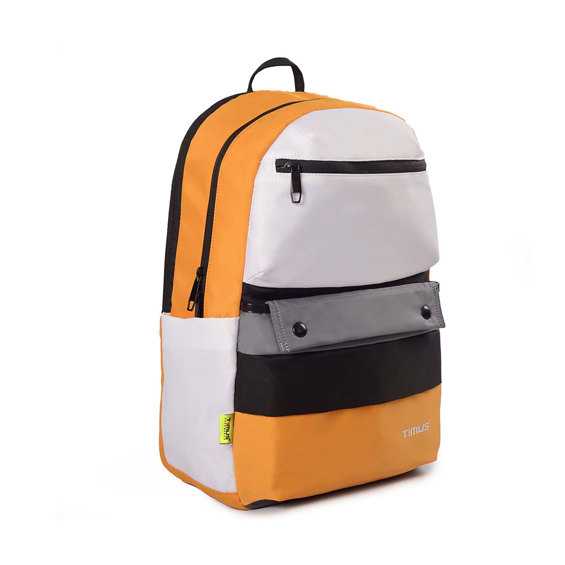 Right front angled view of the Sydney backpack in yellow with white front pocket, gray flap, black zippers, side pockets, and TIMUS branding in lower corners.