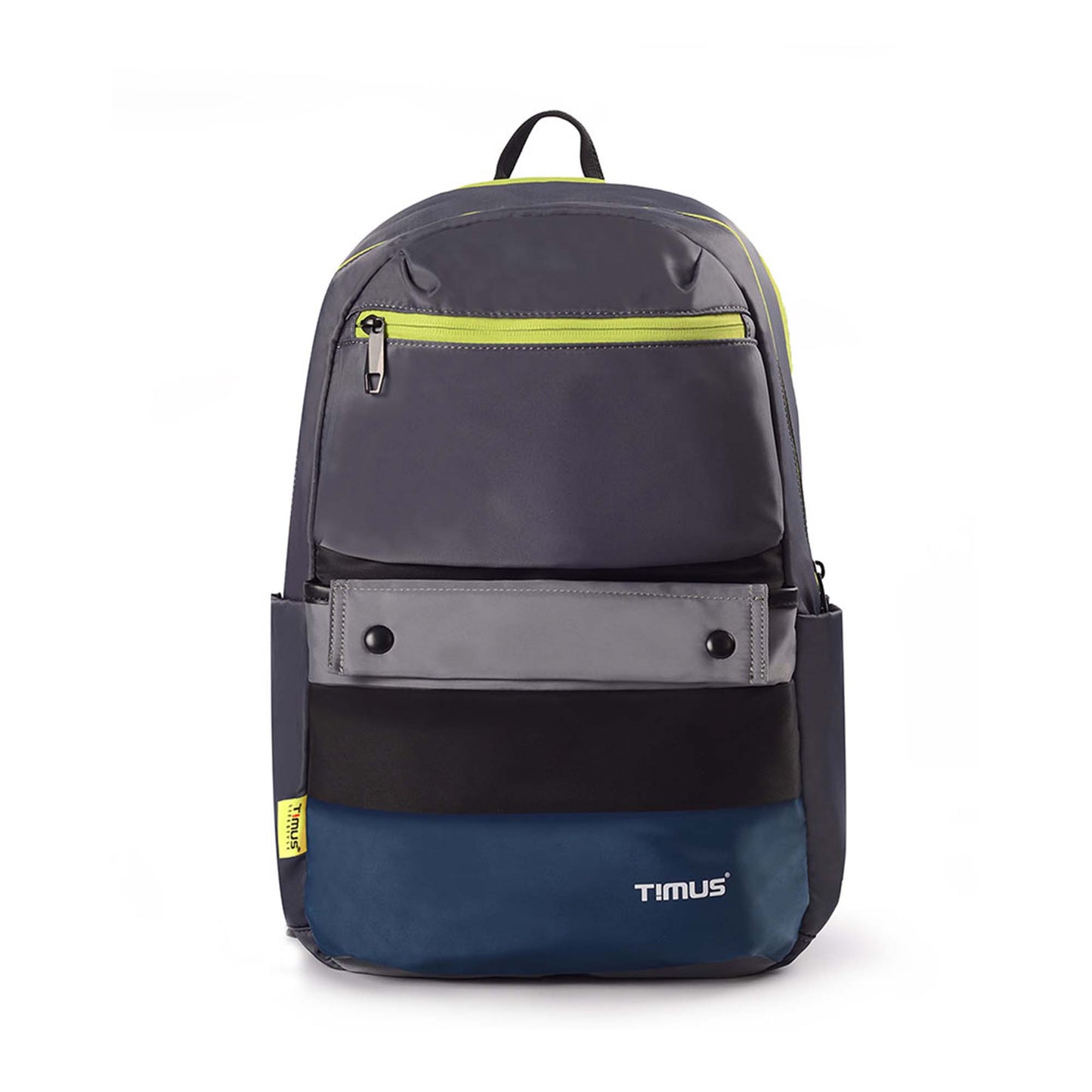 Front view of Timus Sydney black urban backpack with visible Timus logo on the bottom right, grey flap pocket, neon green zipper, and side compartments – modern and versatile for daily use.
