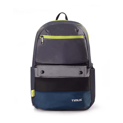Front view of Timus Sydney black urban backpack with visible Timus logo on the bottom right, grey flap pocket, neon green zipper, and side compartments – modern and versatile for daily use.