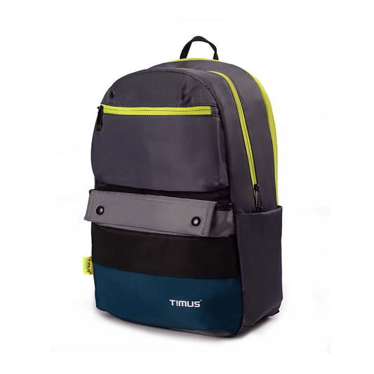 Left front side view of Timus Sydney black urban backpack with front flap pocket and neon zipper accents – stylish and functional everyday bag