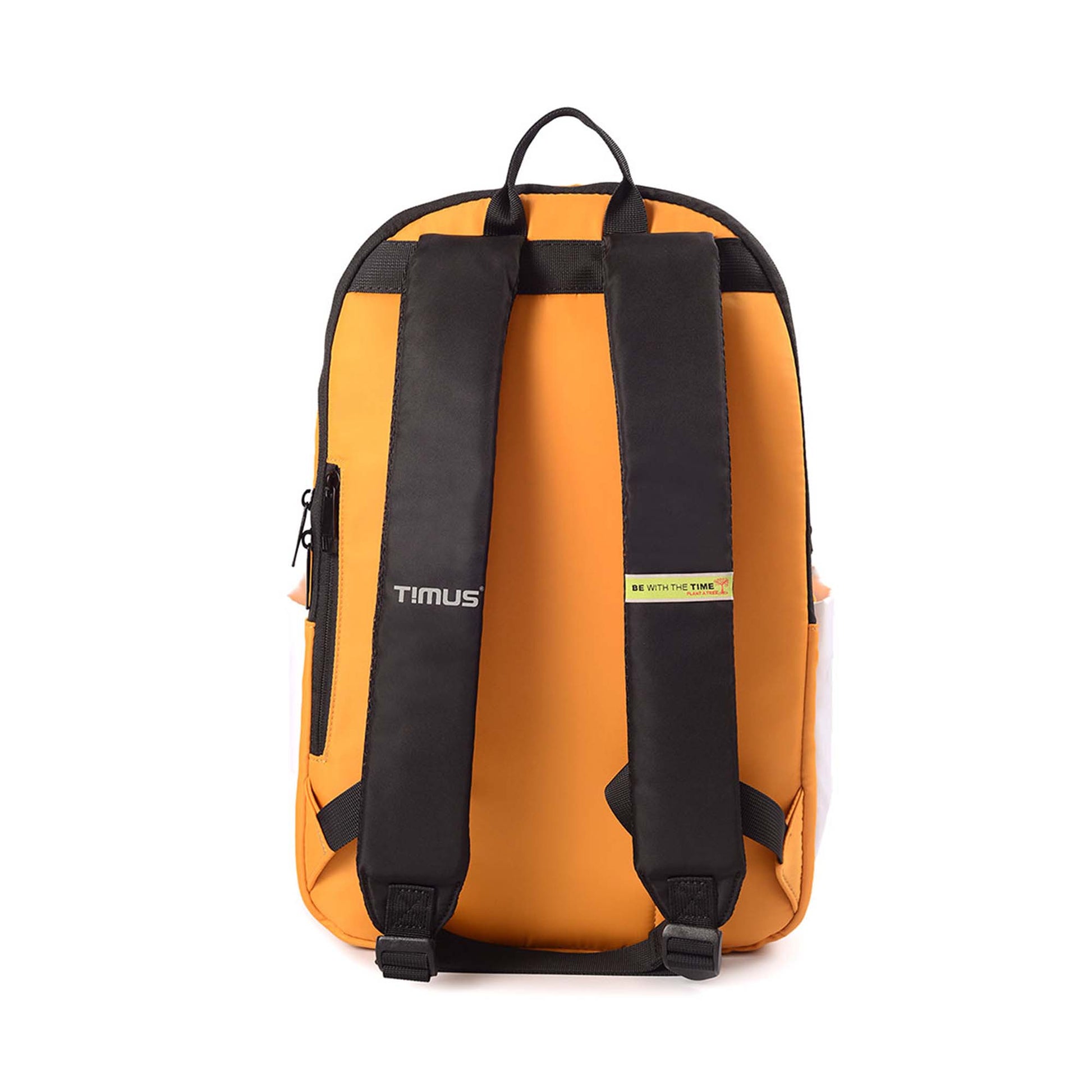 Backside view of Sydney yellow backpack showing padded black straps with brand logo and 'BE WITH THE TIME' tagline and top handle.