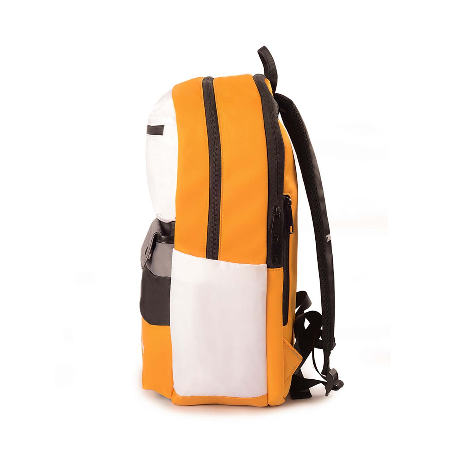 Left side view of Sydney yellow backpack showing white side pocket, zippered compartments, orange body, and black padded straps.