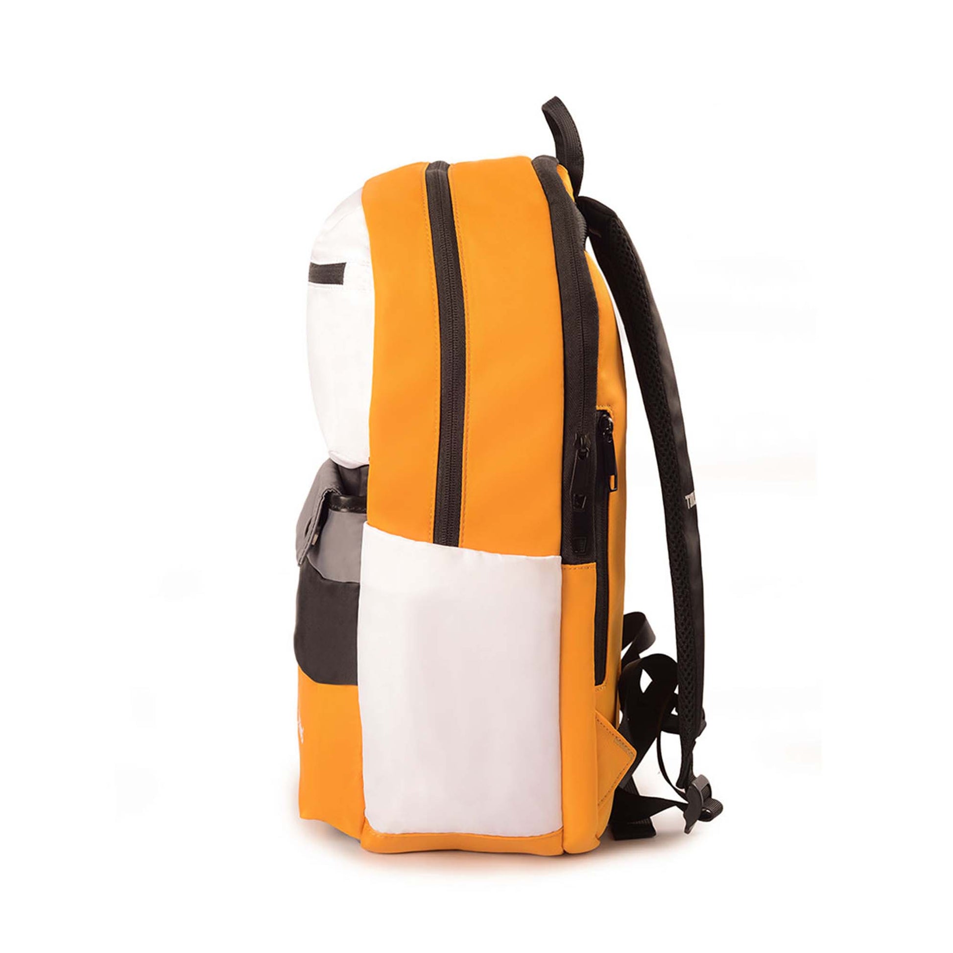 Left side view of Sydney yellow backpack showing white side pocket, zippered compartments, orange body, and black padded straps.