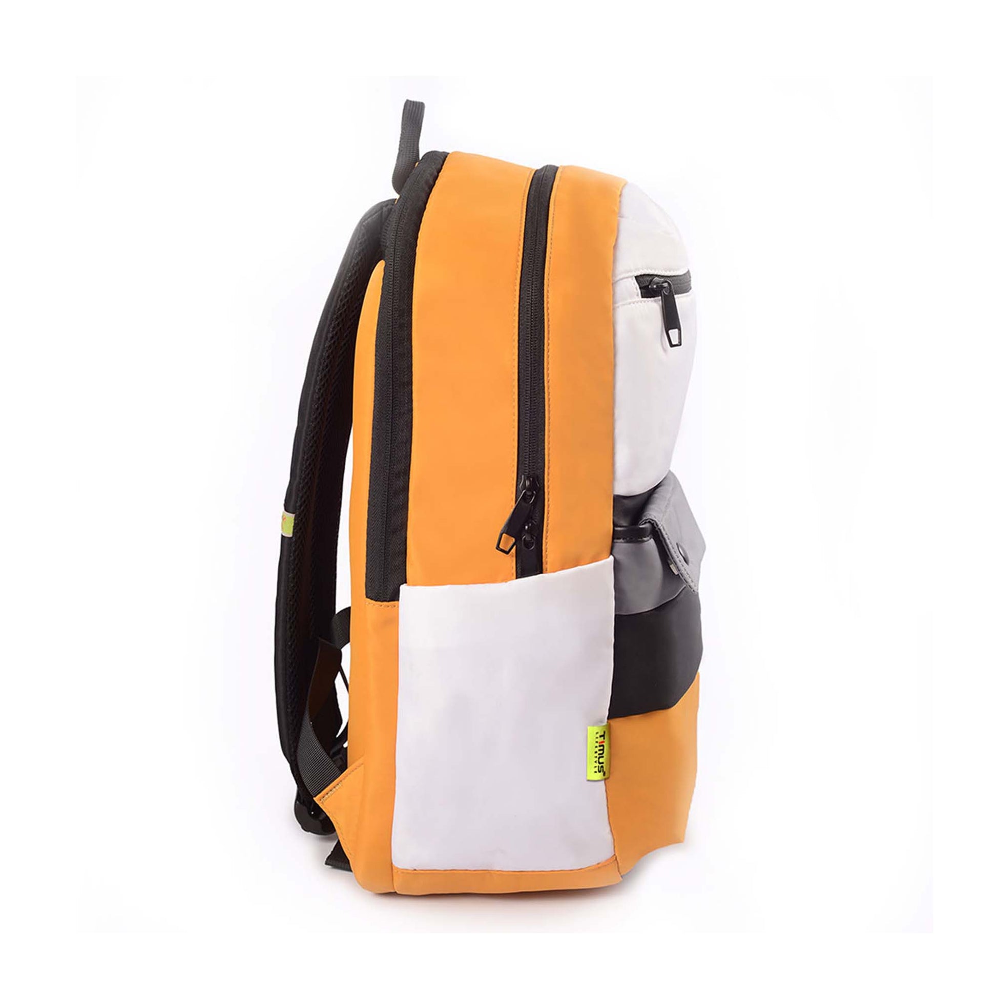 Right side view of Timus Sydney yellow backpack showing white side pocket with brand tag, orange body, and black padded straps with zipper details.