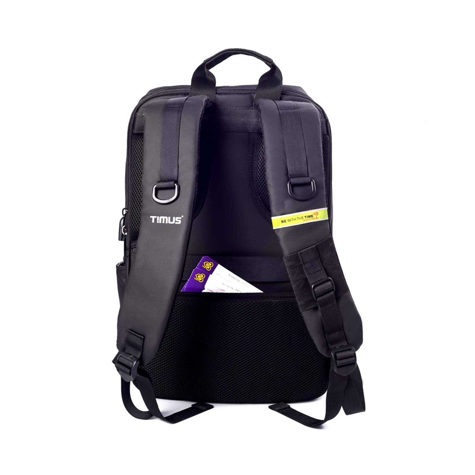 Backside view of Tokyo laptop backpack showing padded shoulder straps with TIMUS branding on the straps, and a hidden back pocket holding travel cards.