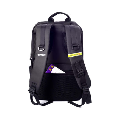 Backside view of Tokyo laptop backpack showing padded shoulder straps with TIMUS branding on the straps, and a hidden back pocket holding travel cards.