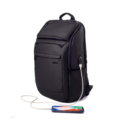 Black Tokyo laptop backpack shown from left front angled view with USB charging port on the left side and multiple zippered compartments.