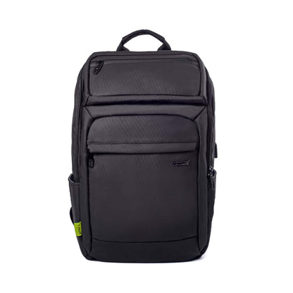 Front view of Tokyo laptop backpack featuring multiple zippered compartments, side pockets, and TIMUS brand logo in front.
