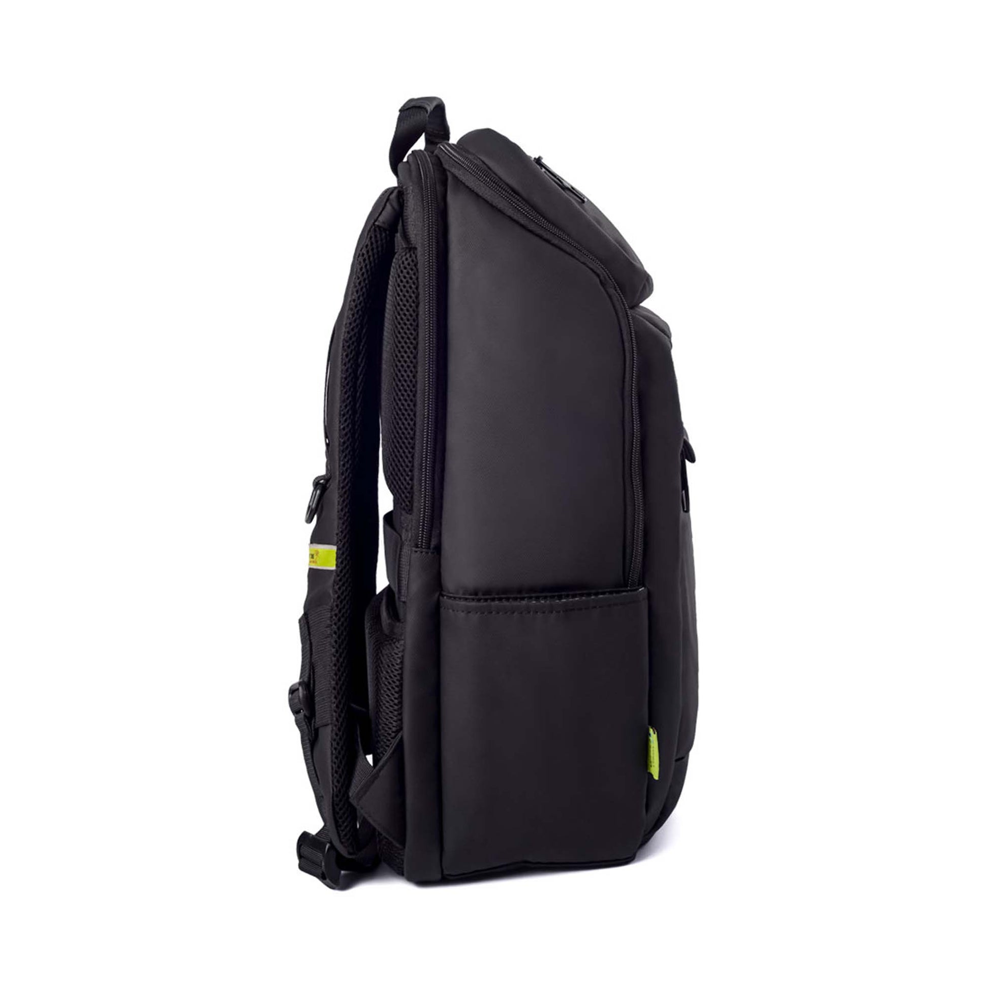 Right side view of Tokyo laptop backpack displaying a side zipper pocket, padded back panel, and shoulder straps with branding labels.