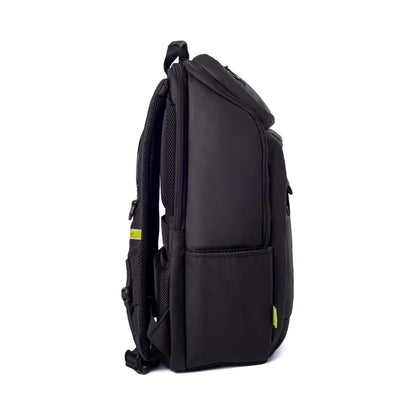 Right side view of Tokyo laptop backpack displaying a side zipper pocket, padded back panel, and shoulder straps with branding labels.